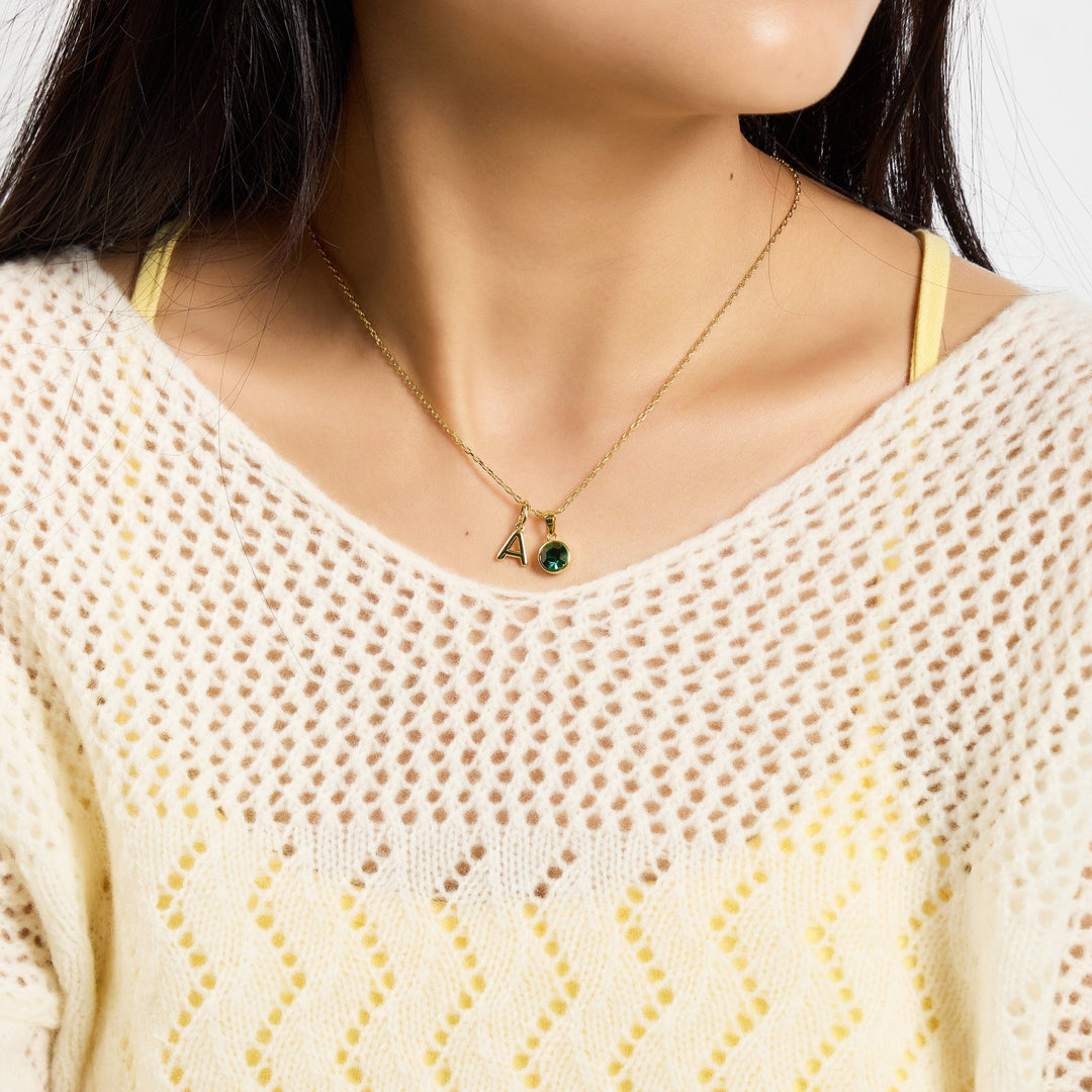 Customisable Gold Plated May (Emerald) Birthstone Necklace with Option of Initial Charms (A - Z) - Philip Jones Jewellery
