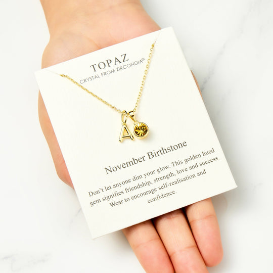 Customisable Gold Plated November (Topaz) Birthstone Necklace with Option of Initial Charms (A - Z) - Philip Jones Jewellery