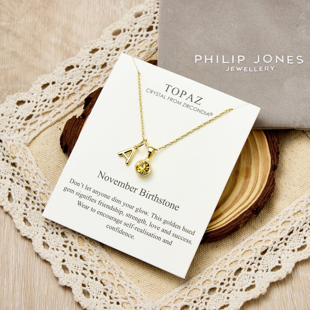 Customisable Gold Plated November (Topaz) Birthstone Necklace with Option of Initial Charms (A - Z) - Philip Jones Jewellery