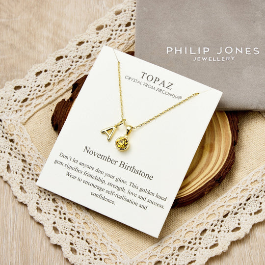 Customisable Gold Plated November (Topaz) Birthstone Necklace with Option of Initial Charms (A - Z) - Philip Jones Jewellery
