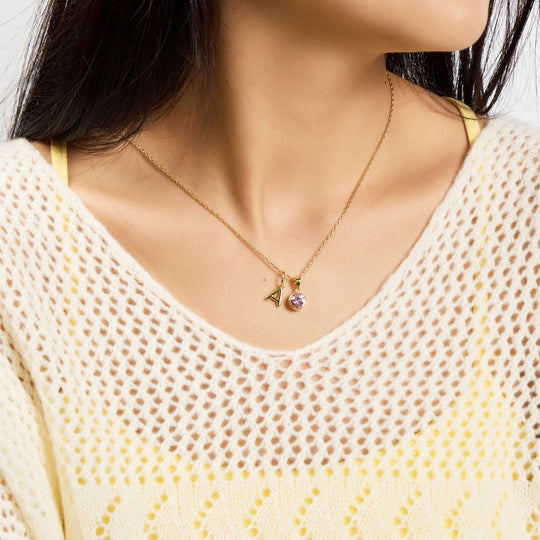 Customisable Gold Plated October (Tourmaline) Birthstone Necklace with Option of Initial Charms (A - Z) - Philip Jones Jewellery