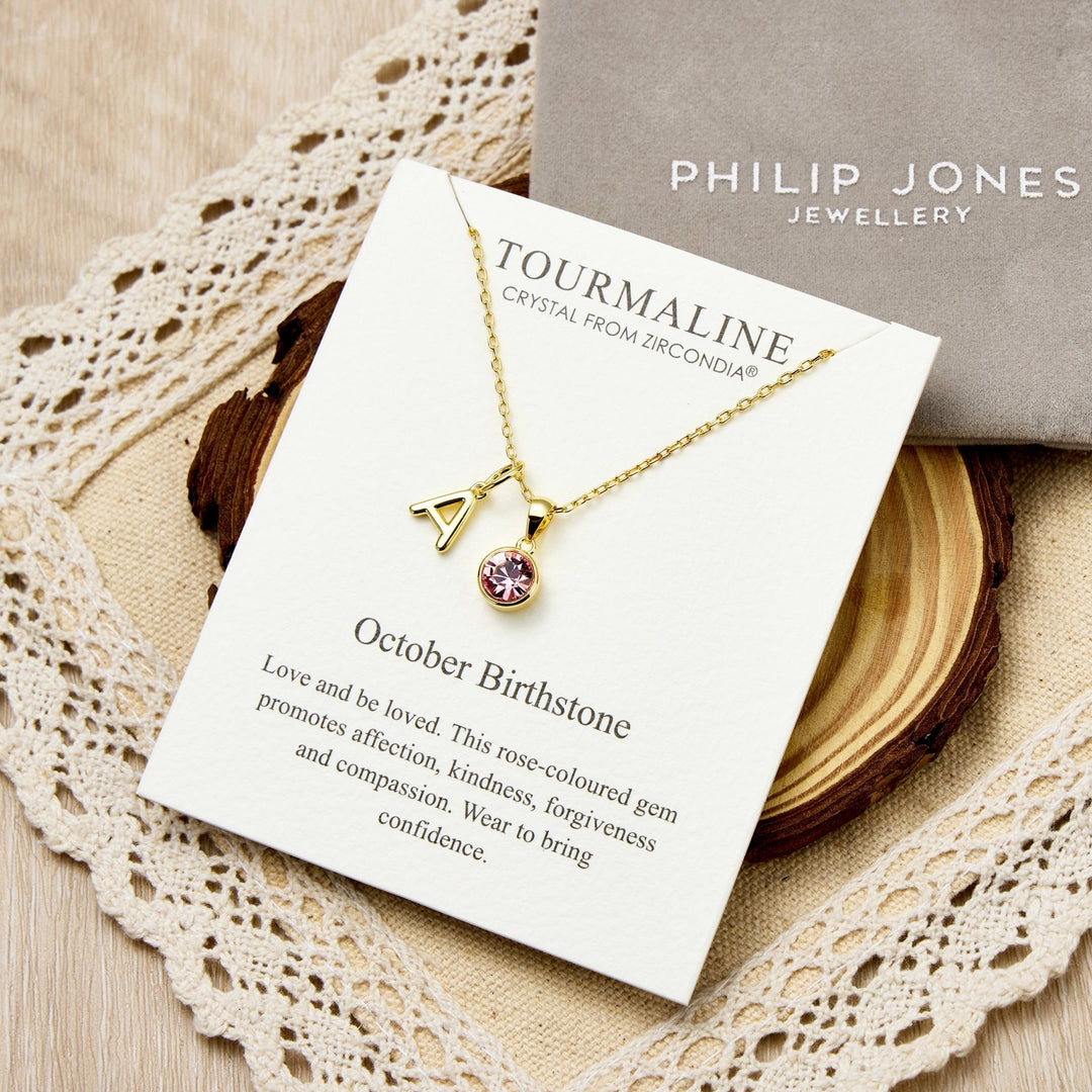Customisable Gold Plated October (Tourmaline) Birthstone Necklace with Option of Initial Charms (A - Z) - Philip Jones Jewellery