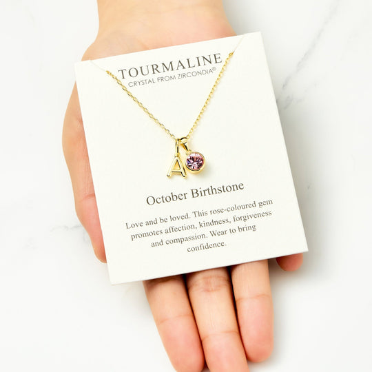 Customisable Gold Plated October (Tourmaline) Birthstone Necklace with Option of Initial Charms (A - Z) - Philip Jones Jewellery