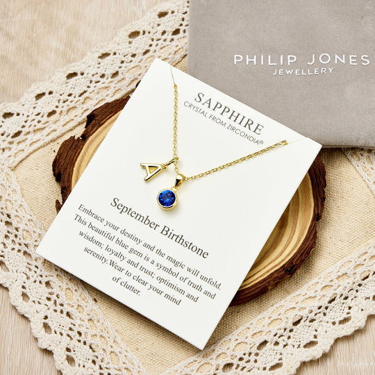 Customisable Gold Plated September (Sapphire) Birthstone Necklace with Option of Initial Charms (A - Z) - Philip Jones Jewellery