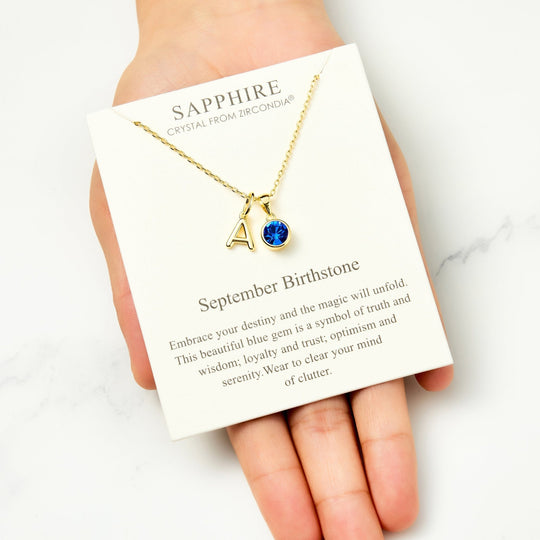 Customisable Gold Plated September (Sapphire) Birthstone Necklace with Option of Initial Charms (A - Z) - Philip Jones Jewellery