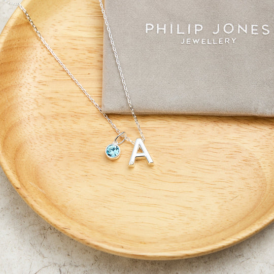 Customisable Initial Necklace (A - Z) with Option of Birthstone Charm - Philip Jones Jewellery
