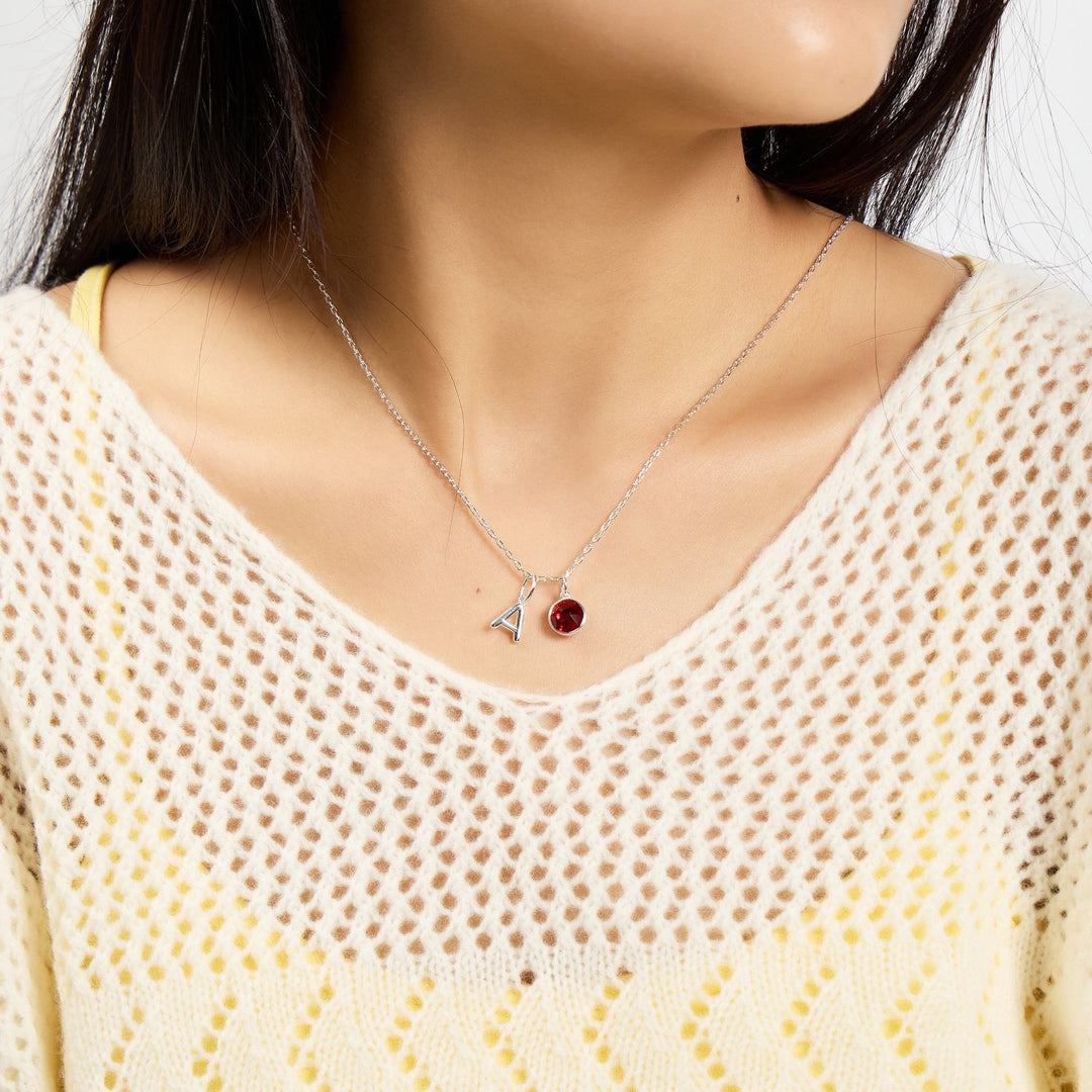 Customisable January (Garnet) Birthstone Necklace with Option of Initial Charms (A - Z) - Philip Jones Jewellery