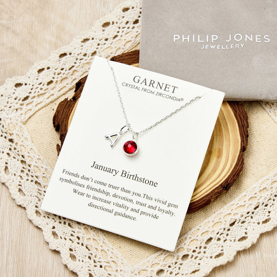 Customisable January (Garnet) Birthstone Necklace with Option of Initial Charms (A - Z) - Philip Jones Jewellery
