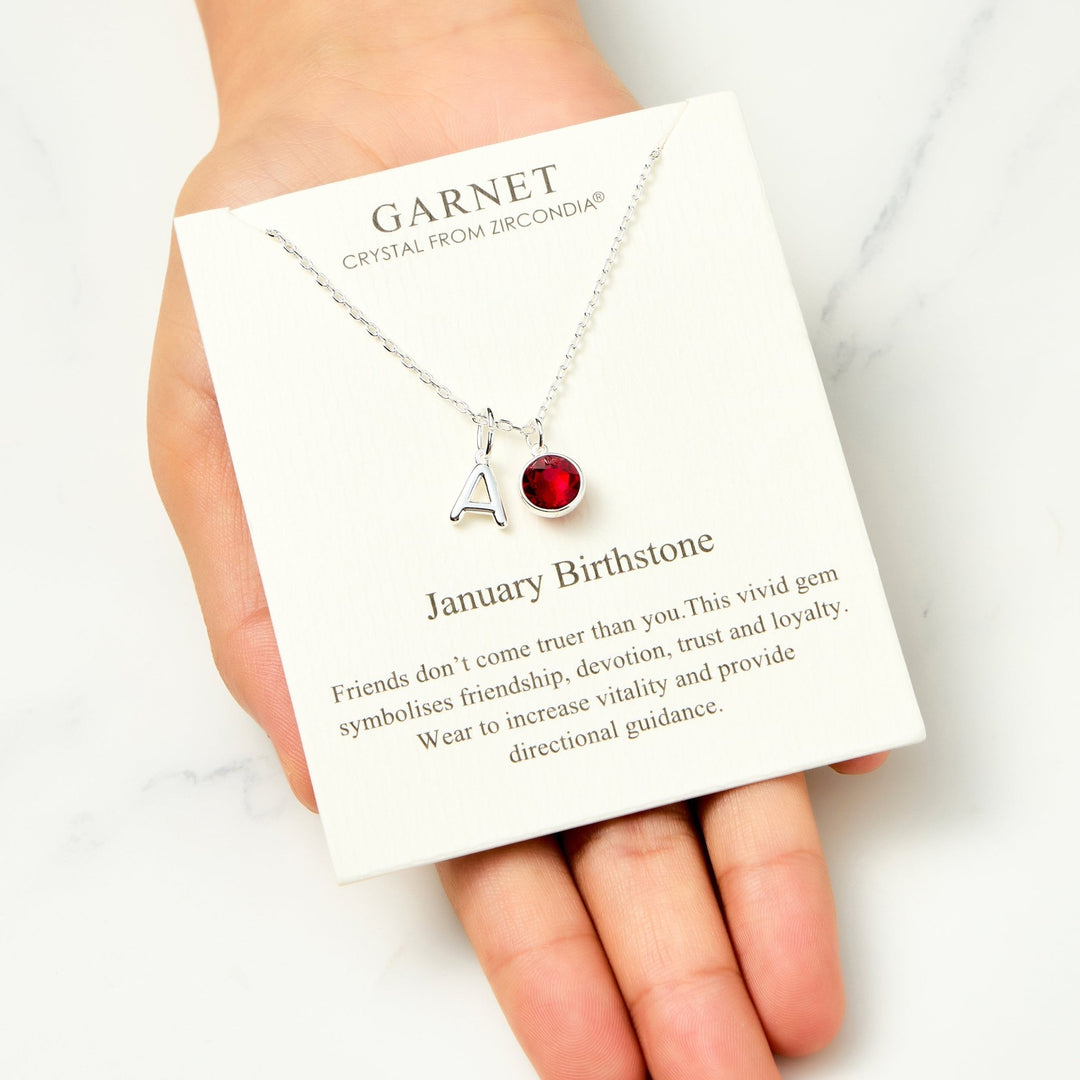 Customisable January (Garnet) Birthstone Necklace with Option of Initial Charms (A - Z) - Philip Jones Jewellery
