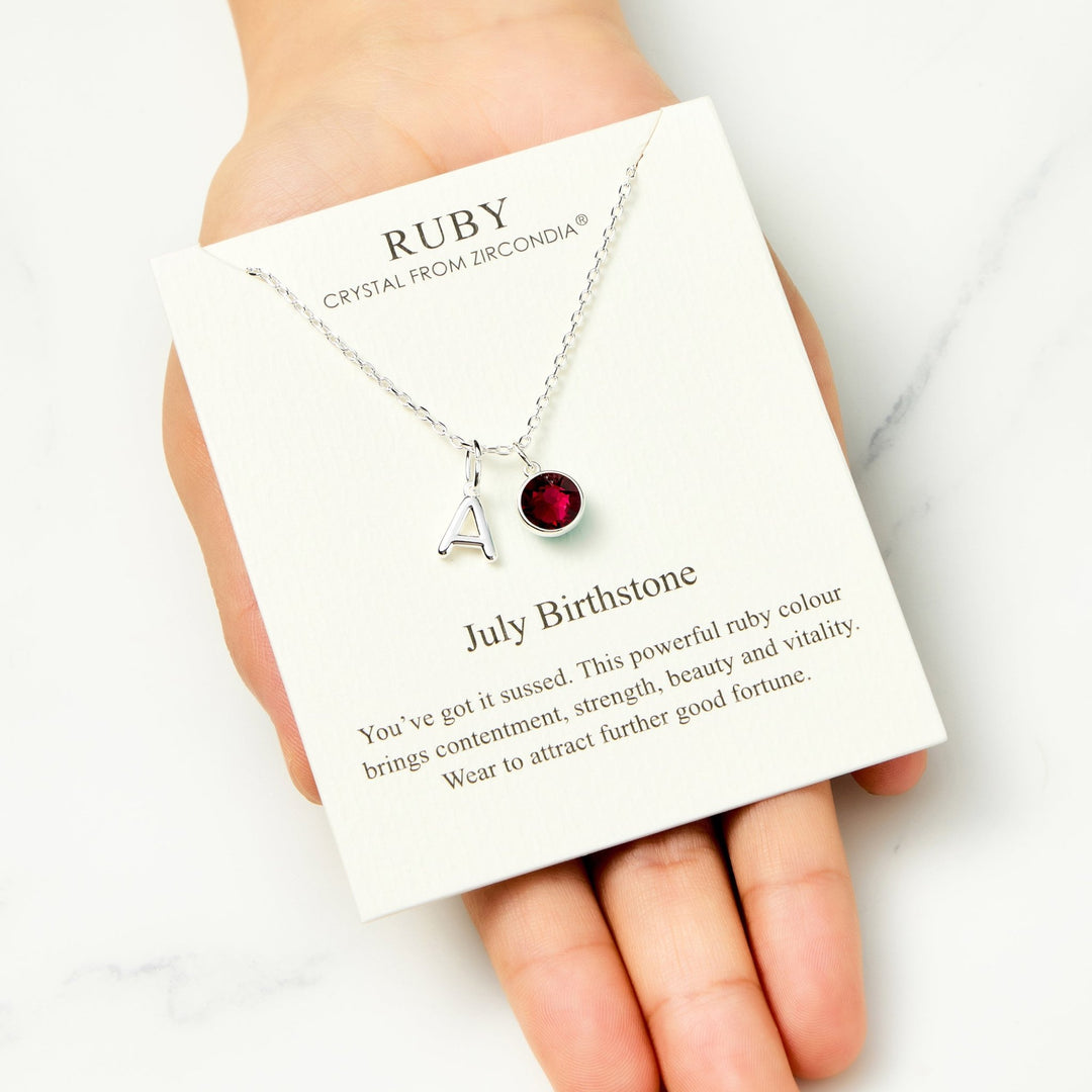 Customisable July (Ruby) Birthstone Necklace with Option of Initial Charms (A - Z) - Philip Jones Jewellery