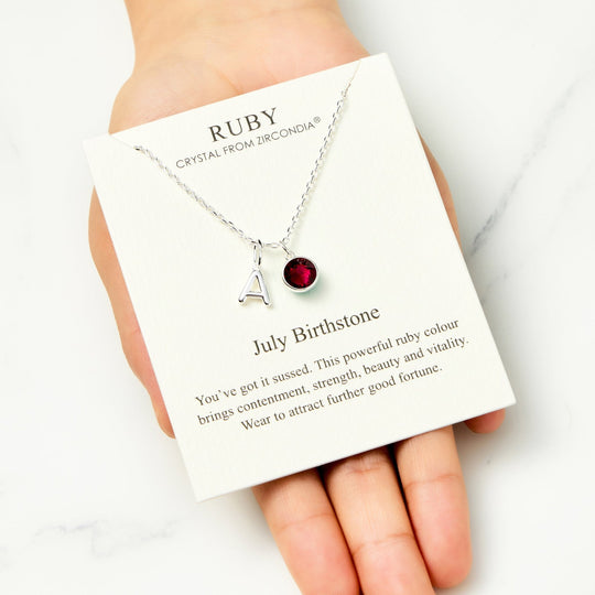 Customisable July (Ruby) Birthstone Necklace with Option of Initial Charms (A - Z) - Philip Jones Jewellery