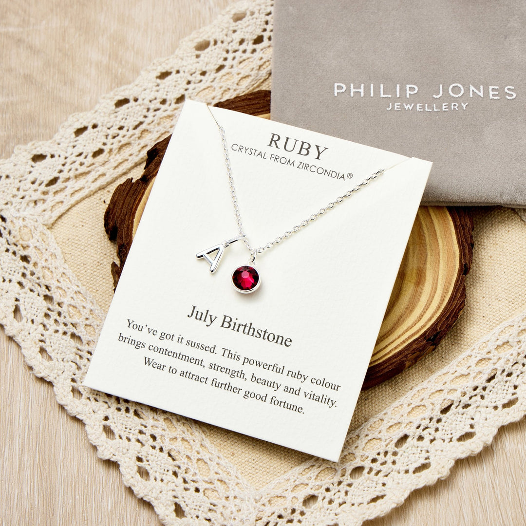 Customisable July (Ruby) Birthstone Necklace with Option of Initial Charms (A - Z) - Philip Jones Jewellery