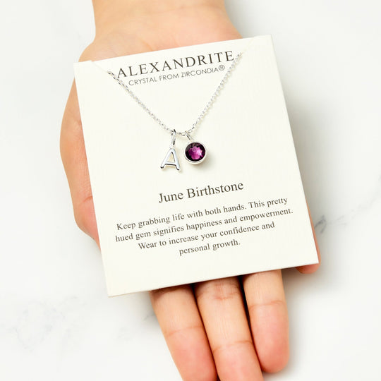 Customisable June (Alexandrite) Birthstone Necklace with Option of Initial Charms (A - Z) - Philip Jones Jewellery