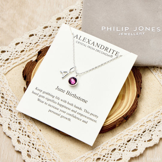 Customisable June (Alexandrite) Birthstone Necklace with Option of Initial Charms (A - Z) - Philip Jones Jewellery