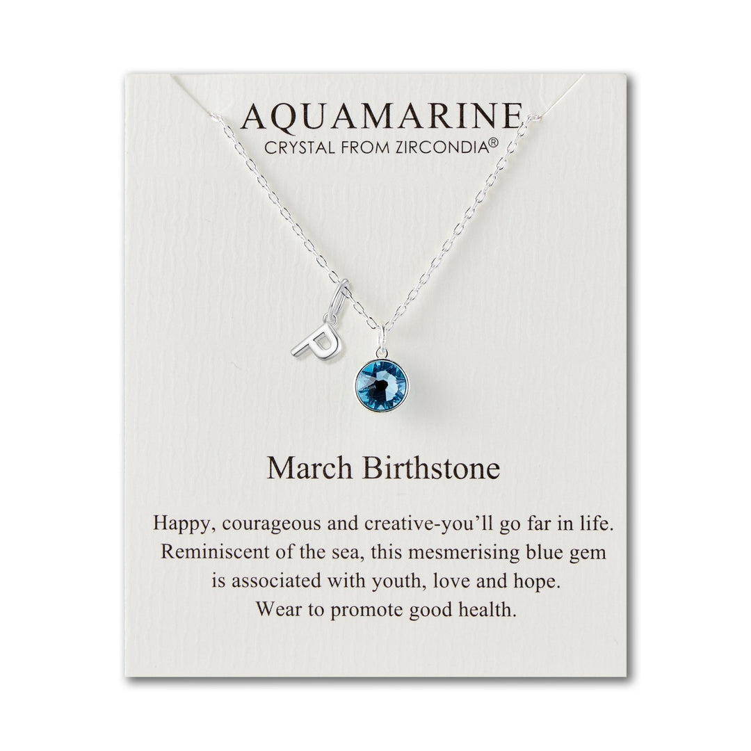 Customisable March (Aquamarine) Birthstone Necklace with Choice of Initial Charms (A - Z) - Philip Jones Jewellery