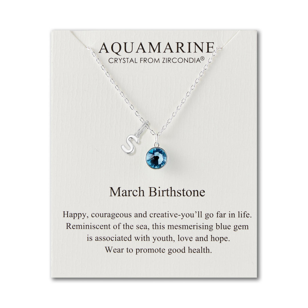 Customisable March (Aquamarine) Birthstone Necklace with Choice of Initial Charms (A - Z) - Philip Jones Jewellery