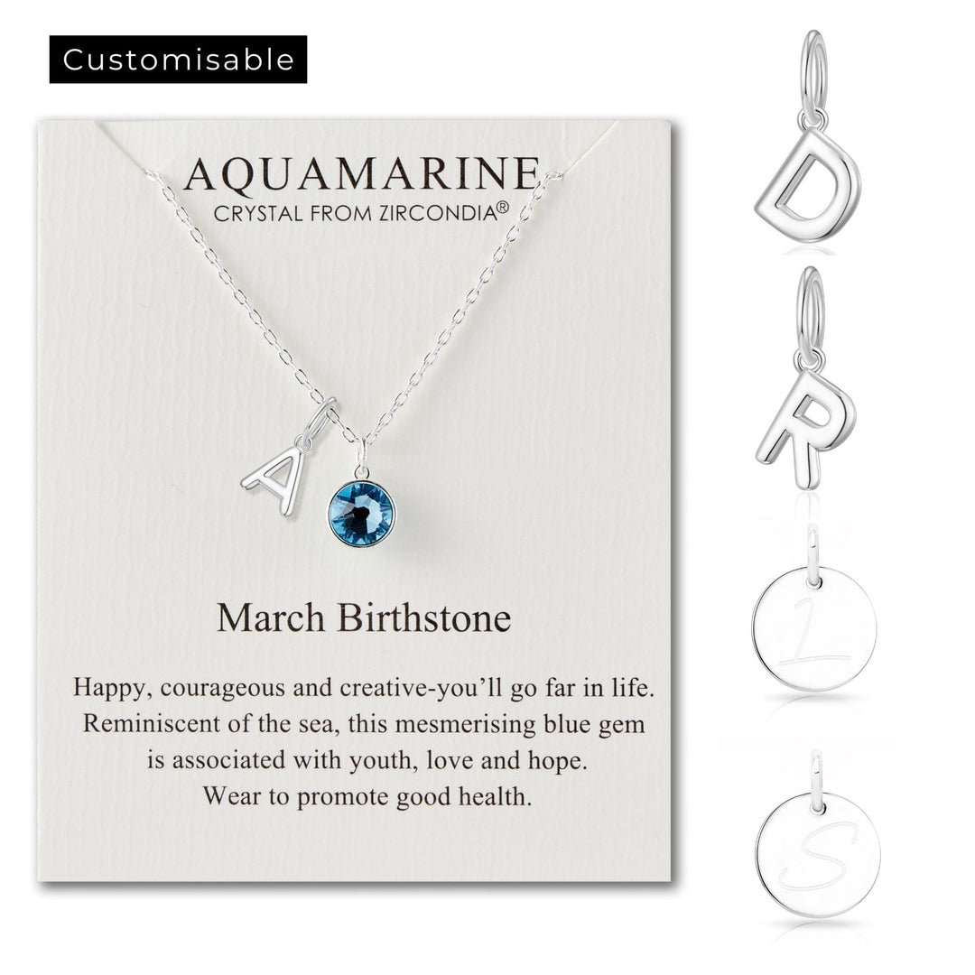 Customisable March (Aquamarine) Birthstone Necklace with Choice of Initial Charms (A - Z) - Philip Jones Jewellery