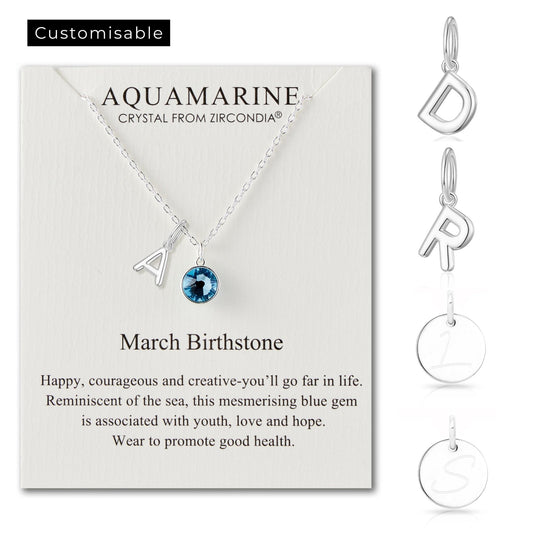 Customisable March (Aquamarine) Birthstone Necklace with Choice of Initial Charms (A - Z) - Philip Jones Jewellery