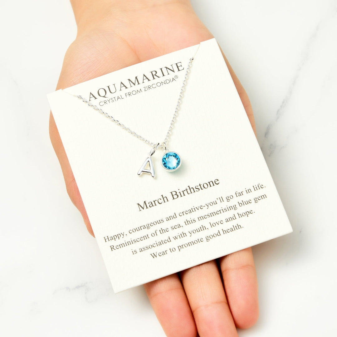Customisable March (Aquamarine) Birthstone Necklace with Option of Initial Charms (A - Z) - Philip Jones Jewellery