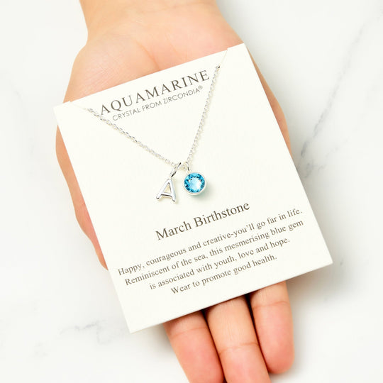 Customisable March (Aquamarine) Birthstone Necklace with Option of Initial Charms (A - Z) - Philip Jones Jewellery