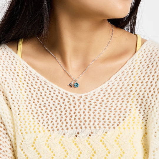 Customisable March (Aquamarine) Birthstone Necklace with Option of Initial Charms (A - Z) - Philip Jones Jewellery