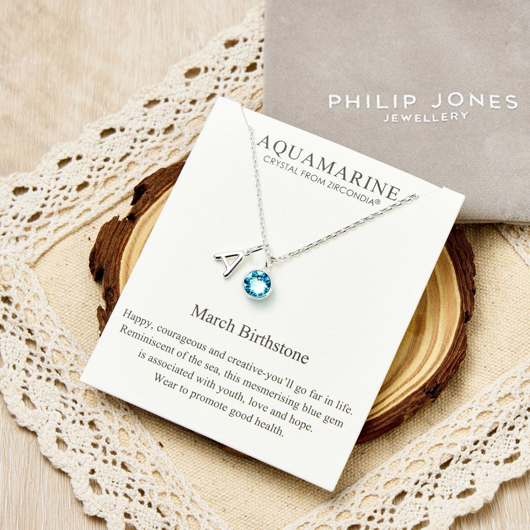 Customisable March (Aquamarine) Birthstone Necklace with Option of Initial Charms (A - Z) - Philip Jones Jewellery