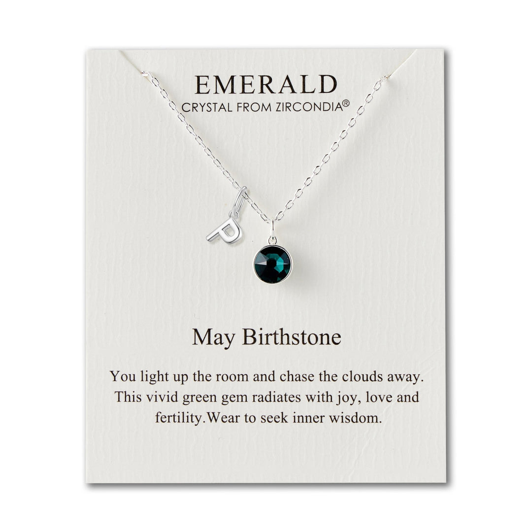 Customisable May (Emerald) Birthstone Necklace with Choice of Initial Charms (A - Z) - Philip Jones Jewellery