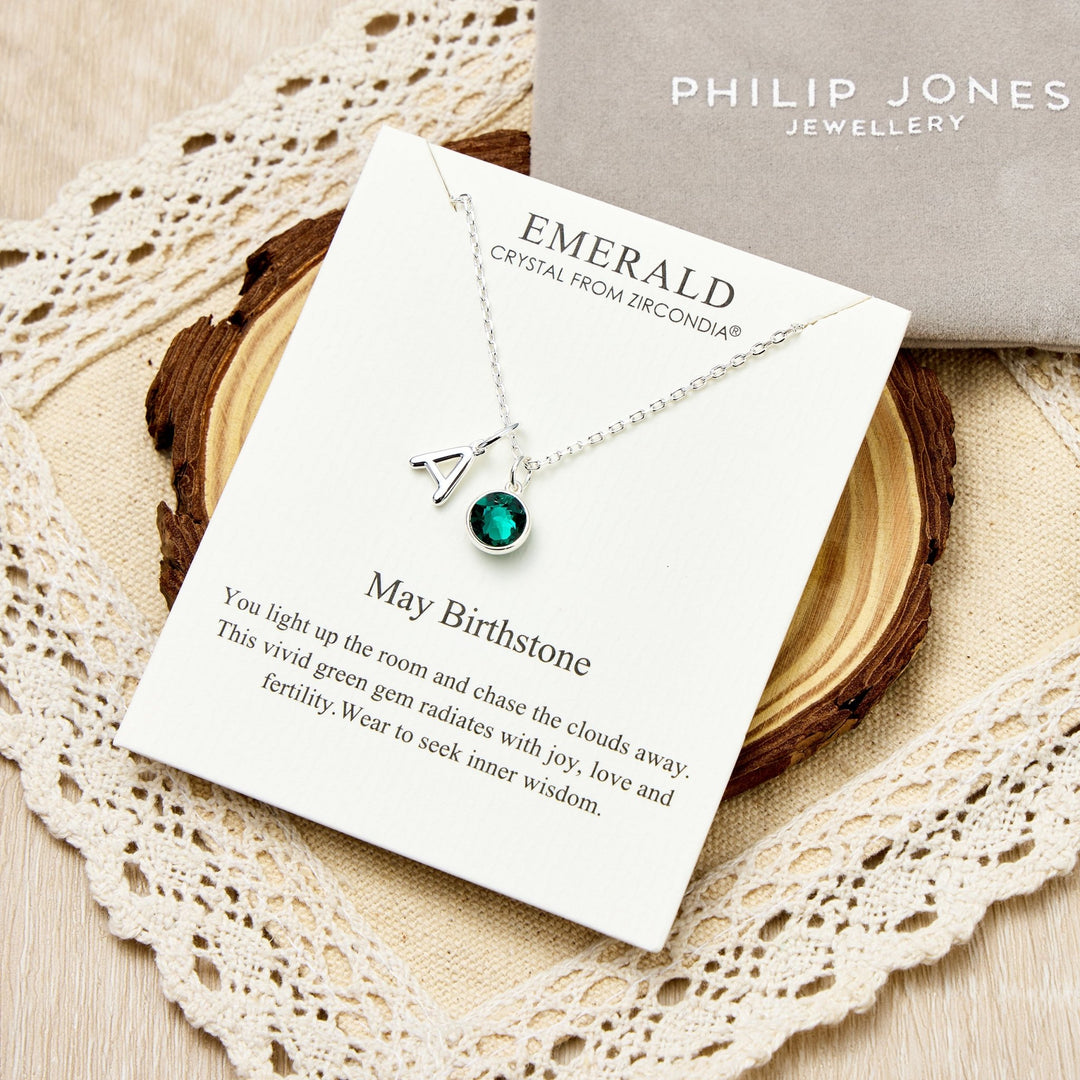 Customisable May (Emerald) Birthstone Necklace with Option of Initial Charms (A - Z) - Philip Jones Jewellery