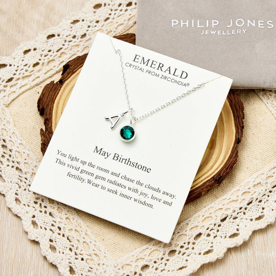Customisable May (Emerald) Birthstone Necklace with Option of Initial Charms (A - Z) - Philip Jones Jewellery