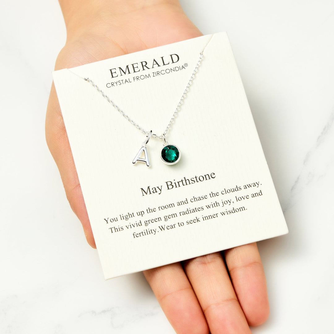 Customisable May (Emerald) Birthstone Necklace with Option of Initial Charms (A - Z) - Philip Jones Jewellery