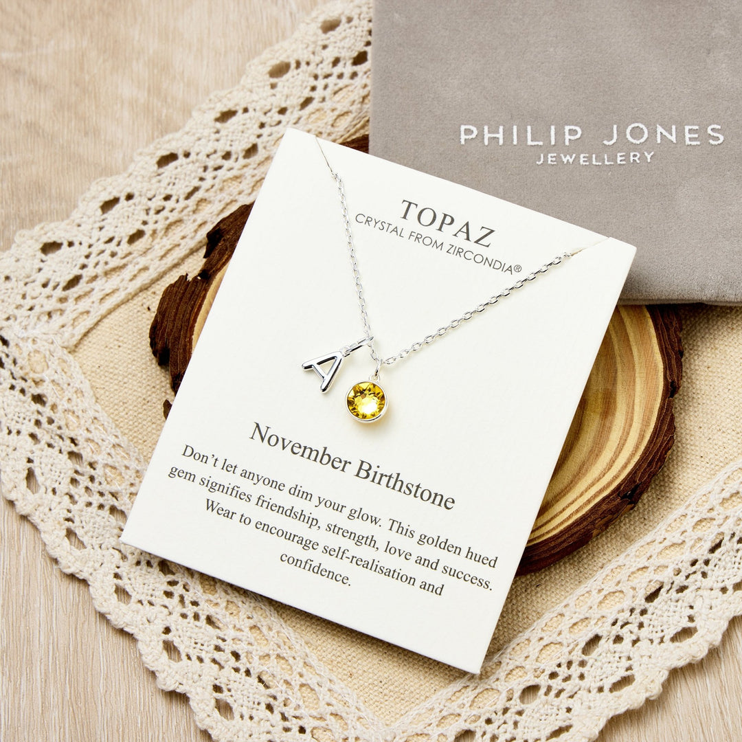 Customisable November (Topaz) Birthstone Necklace with Option of Initial Charms (A - Z) - Philip Jones Jewellery
