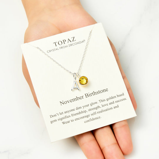 Customisable November (Topaz) Birthstone Necklace with Option of Initial Charms (A - Z) - Philip Jones Jewellery
