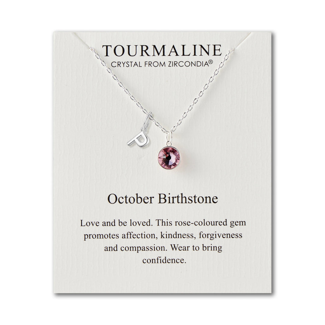 Customisable October (Tourmaline) Birthstone Necklace with Choice of Initial Charms (A - Z) - Philip Jones Jewellery
