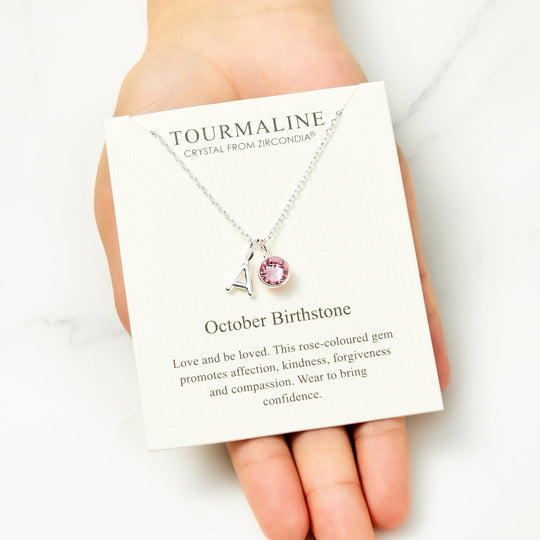 Customisable October (Tourmaline) Birthstone Necklace with Option of Initial Charms (A - Z) - Philip Jones Jewellery