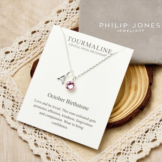 Customisable October (Tourmaline) Birthstone Necklace with Option of Initial Charms (A - Z) - Philip Jones Jewellery