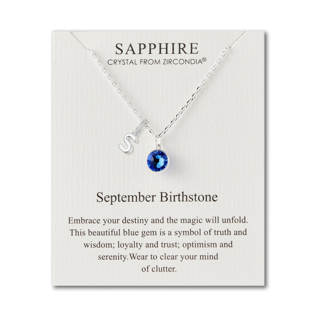 Customisable September (Sapphire) Birthstone Necklace with Choice of Initial Charms (A - Z) - Philip Jones Jewellery
