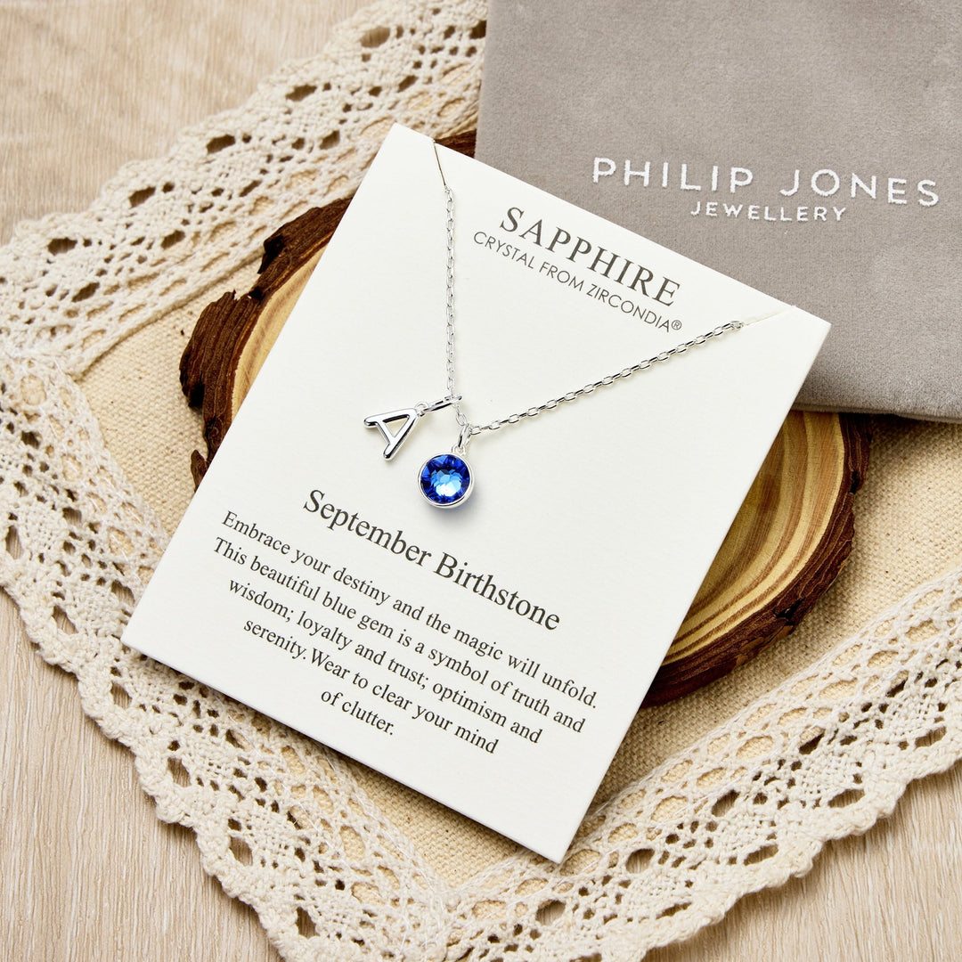 Customisable September (Sapphire) Birthstone Necklace with Option of Initial Charms (A - Z) - Philip Jones Jewellery