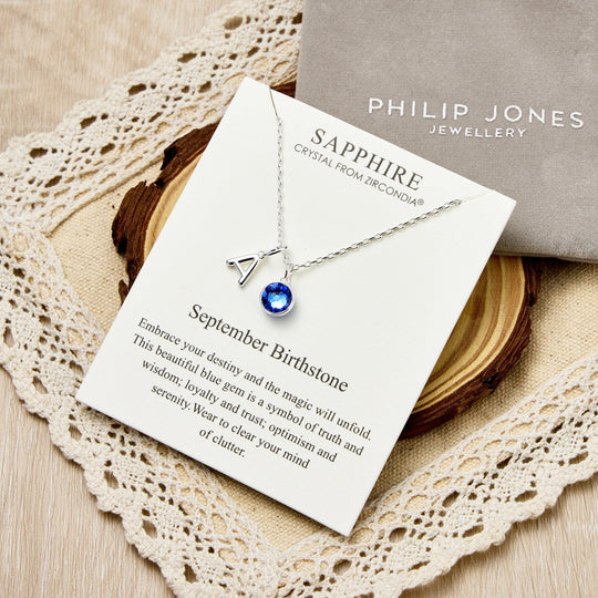 Customisable September (Sapphire) Birthstone Necklace with Option of Initial Charms (A - Z) - Philip Jones Jewellery