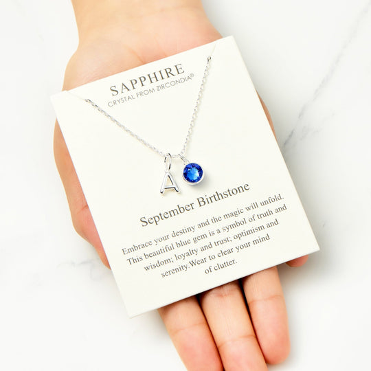 Customisable September (Sapphire) Birthstone Necklace with Option of Initial Charms (A - Z) - Philip Jones Jewellery