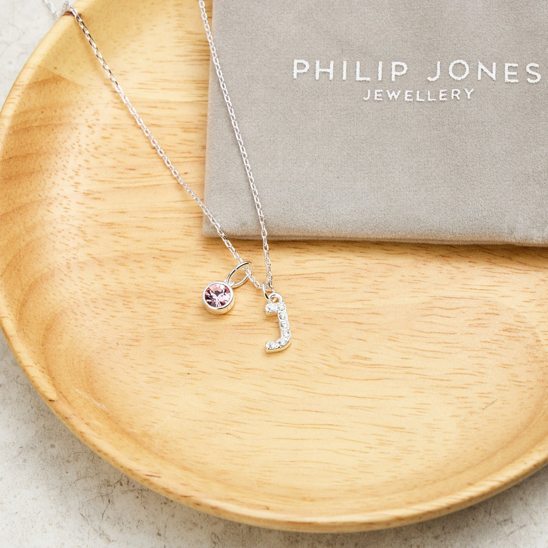 Customisable Silver Plated Pave Initial Necklace (A - Z) with Option of Birthstone Charm - Philip Jones Jewellery