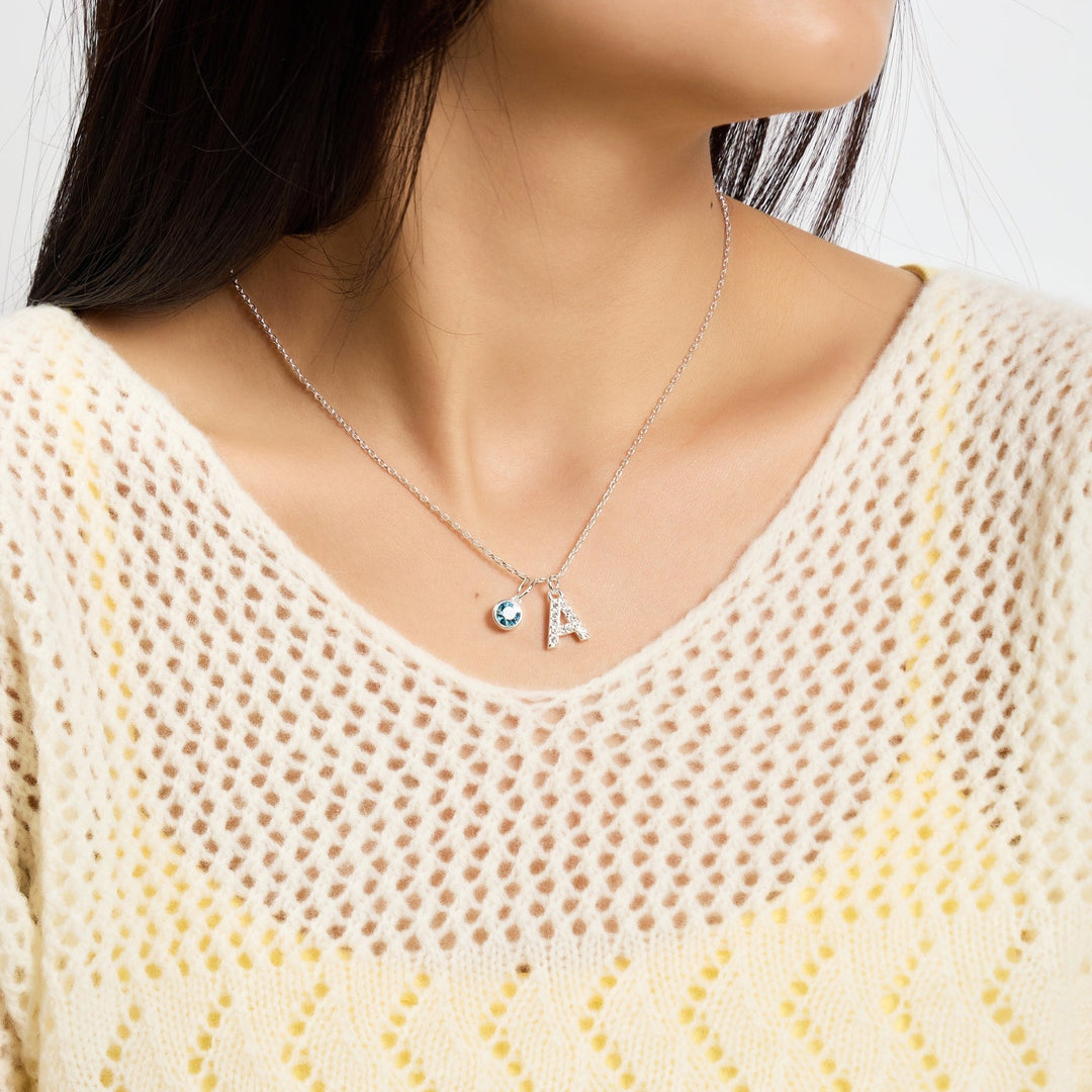 Customisable Silver Plated Pave Initial Necklace (A - Z) with Option of Birthstone Charm - Philip Jones Jewellery