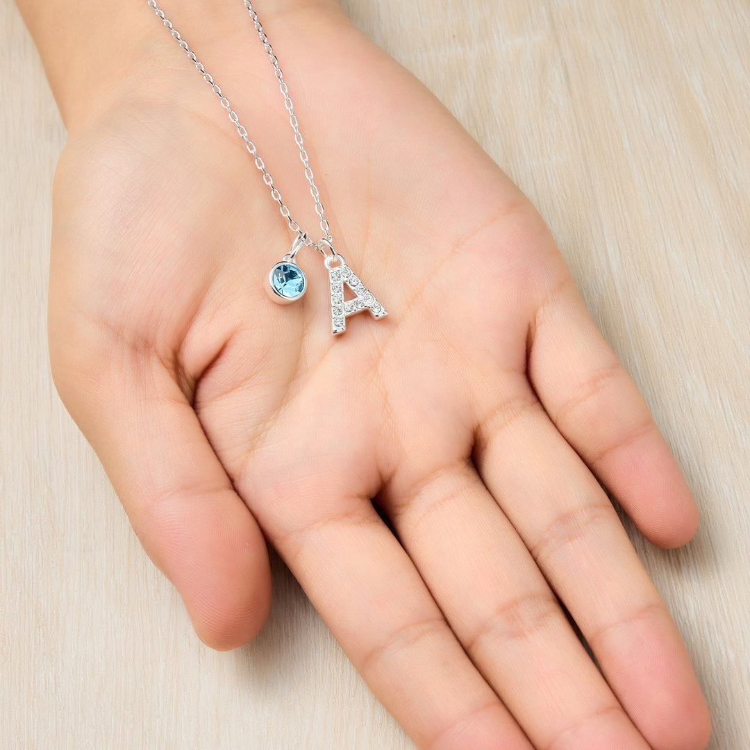 Customisable Silver Plated Pave Initial Necklace (A - Z) with Option of Birthstone Charm - Philip Jones Jewellery