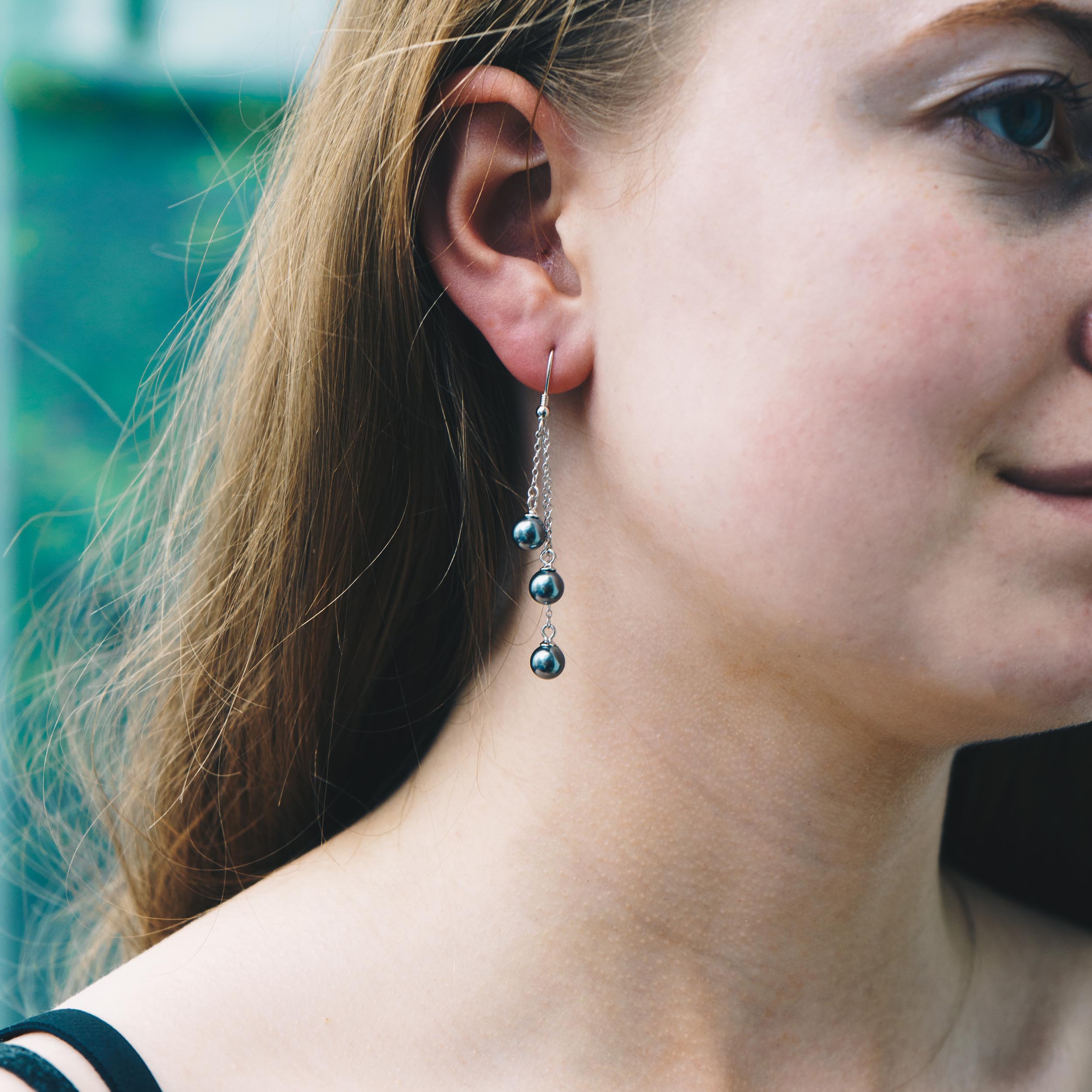 Sterling Silver Triple Dark Grey Pearl Drop Earrings