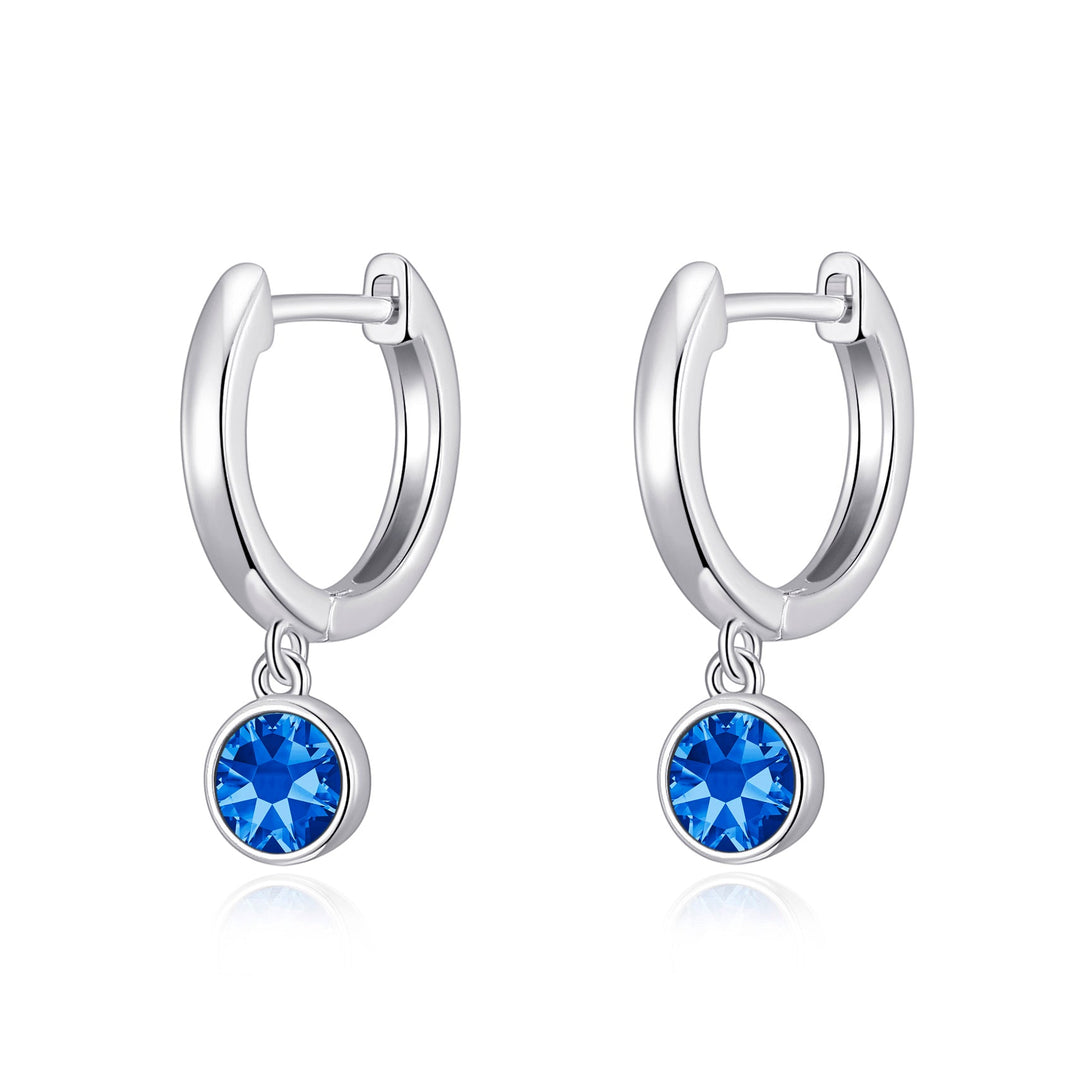 Dark Blue Crystal Hoop Earrings Created with Zircondia® Crystals - Philip Jones Jewellery