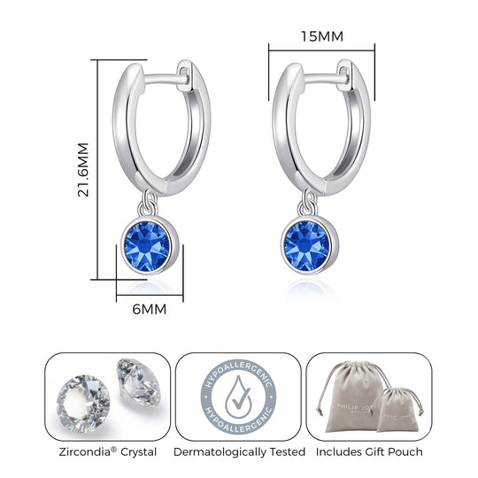 Dark Blue Crystal Hoop Earrings Created with Zircondia® Crystals - Philip Jones Jewellery