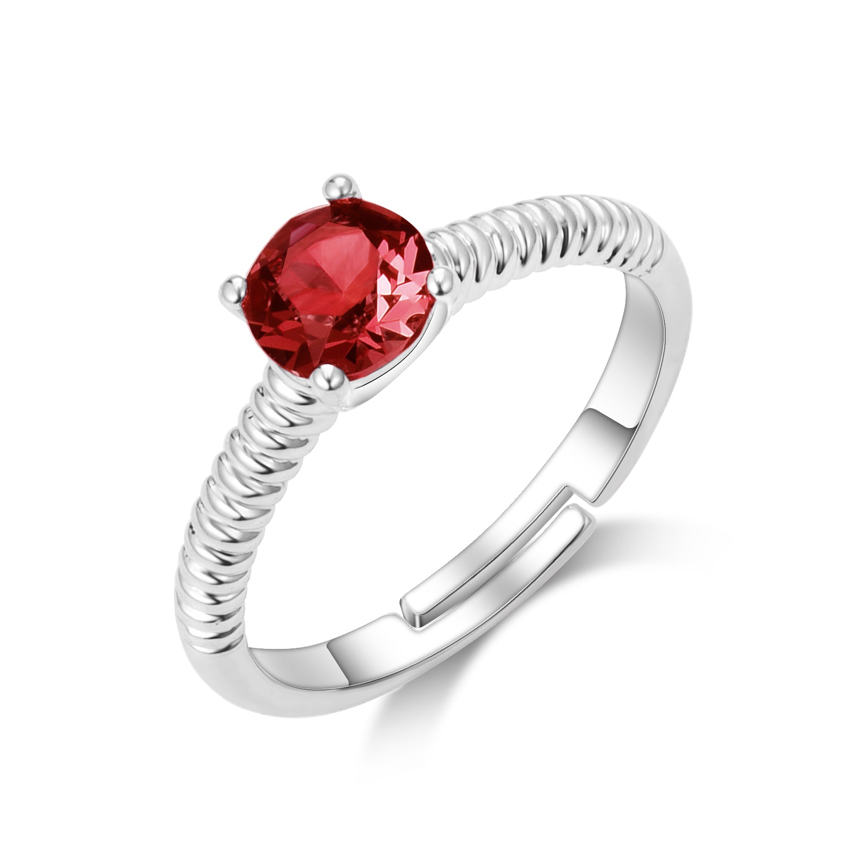 Dark Red Adjustable Crystal Ring Created with Zircondia® Crystals - Philip Jones Jewellery