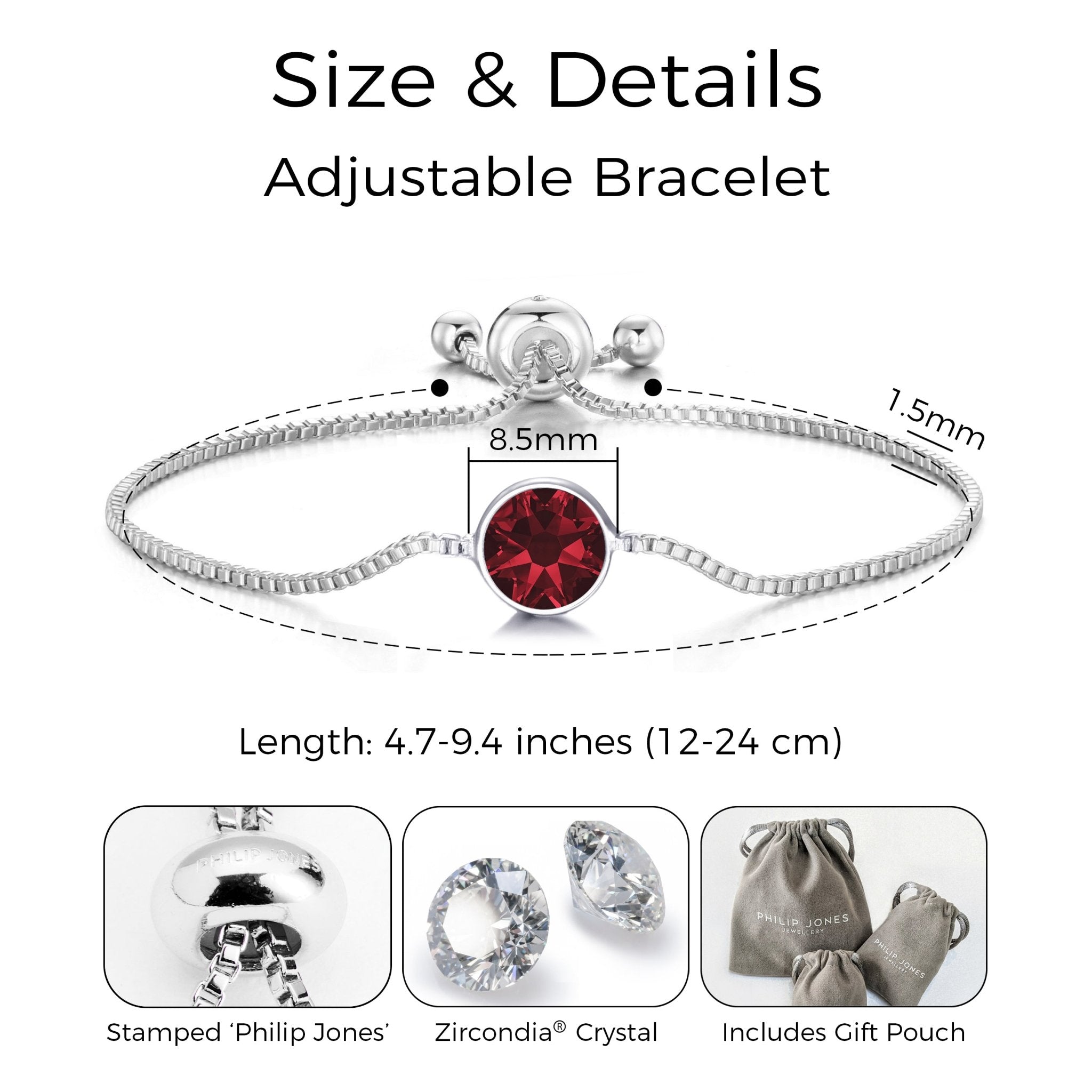 Dark Red Crystal Bracelet Created with Zircondia® Crystals - Philip Jones Jewellery