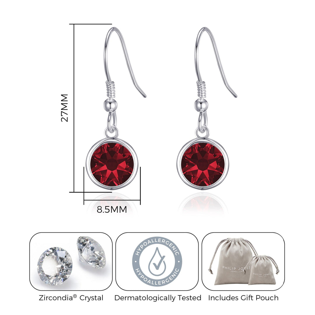 Dark Red Crystal Drop Earrings Created with Zircondia® Crystals - Philip Jones Jewellery