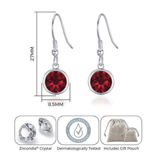 Dark Red Crystal Drop Earrings Created with Zircondia® Crystals - Philip Jones Jewellery
