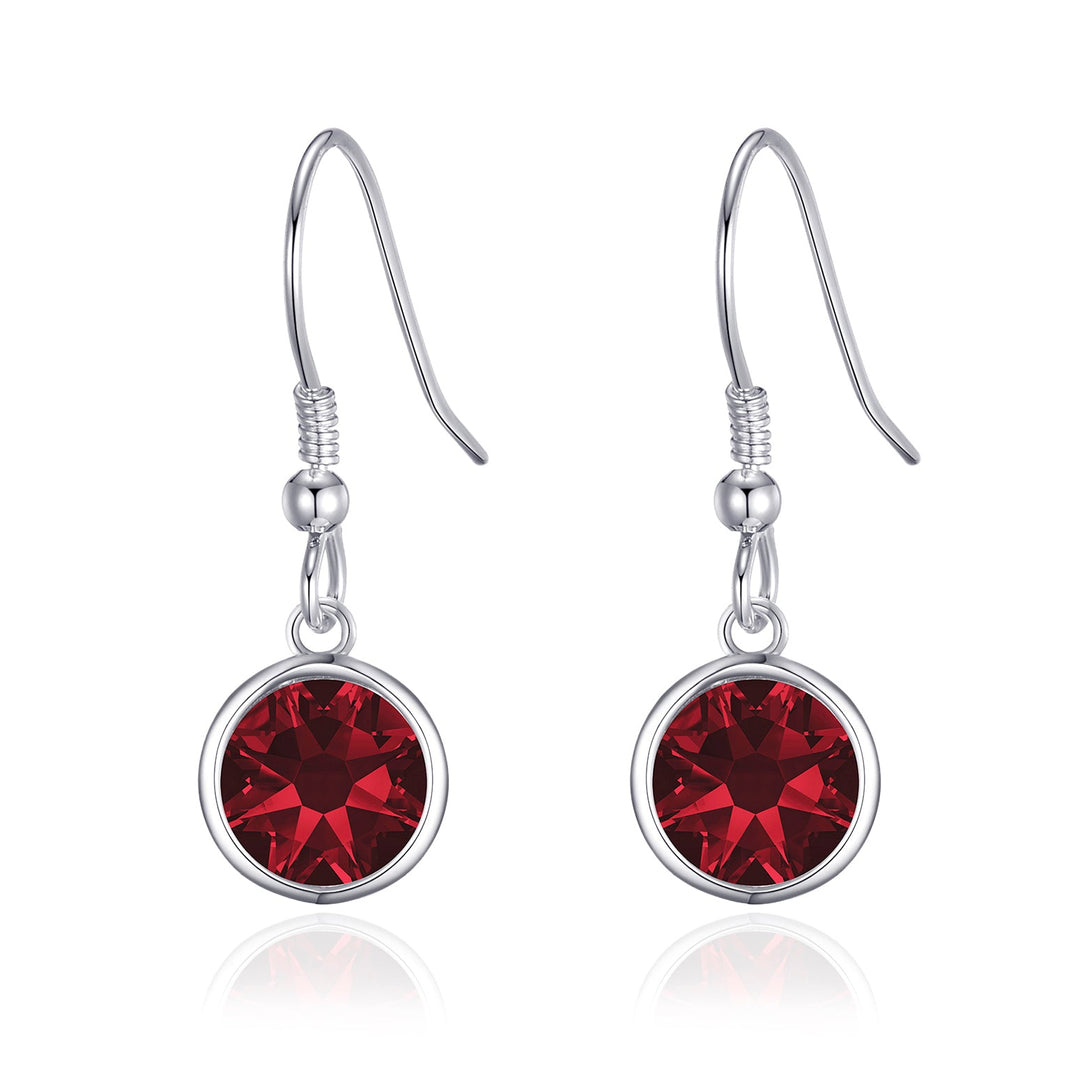 Dark Red Crystal Drop Earrings Created with Zircondia® Crystals - Philip Jones Jewellery
